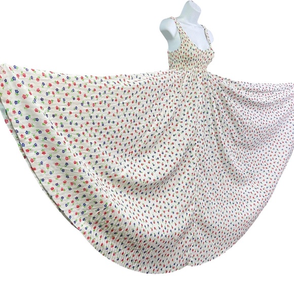 💃SOLD💃 70s hippie striped smocked calico full sweep semi sheer maxi dress - Picture 7 of 9